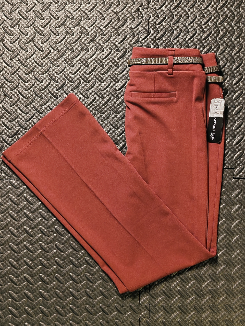 NWT SOHO Apparel Women's Petite M Burgundy Flare Dress Pants Decorative Belt